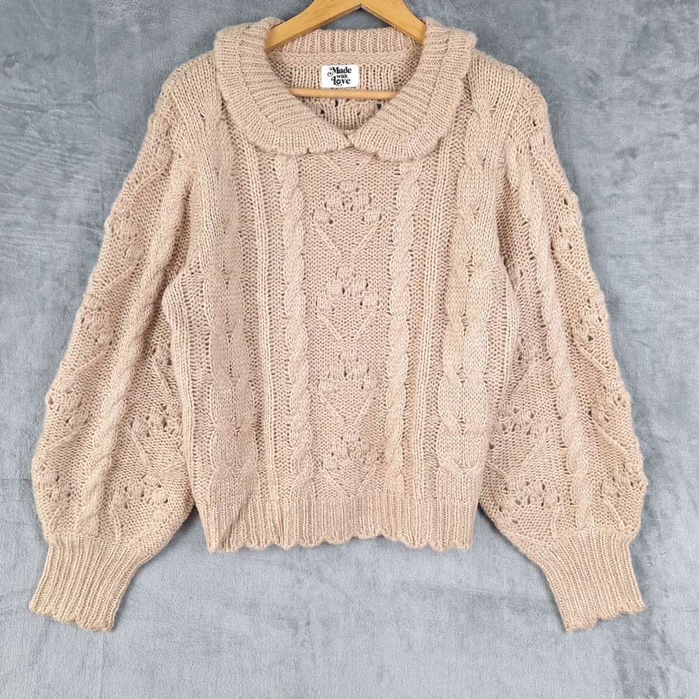 Womens Sweater Medium Cable Knit Crochet Chunky Fisherman Peter Pan Collar Boho